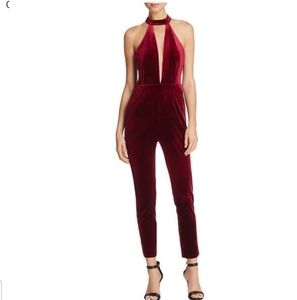 Maroon stretch velvet plunging choker jumpsuit